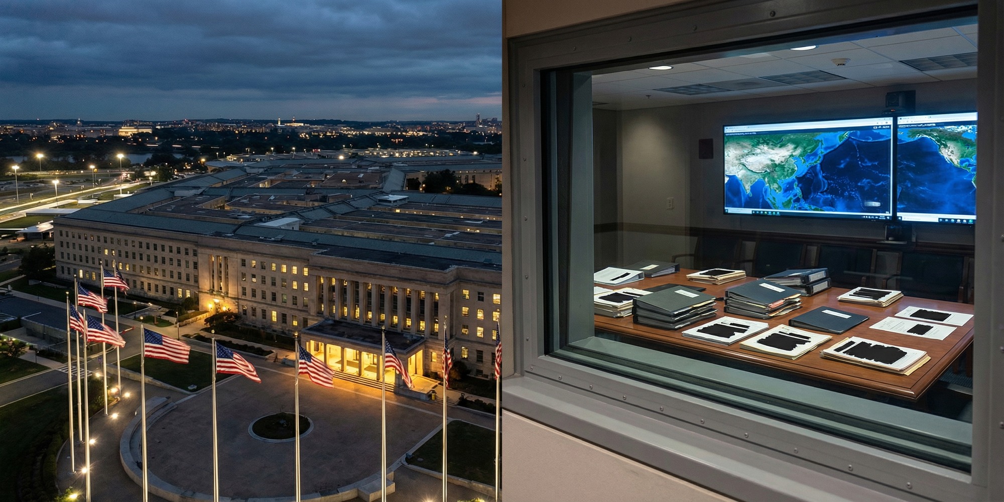 Pentagon building exterior and intelligence briefing documents representing the 2026 Annual Threat Assessment on China, Taiwan, and homeland security