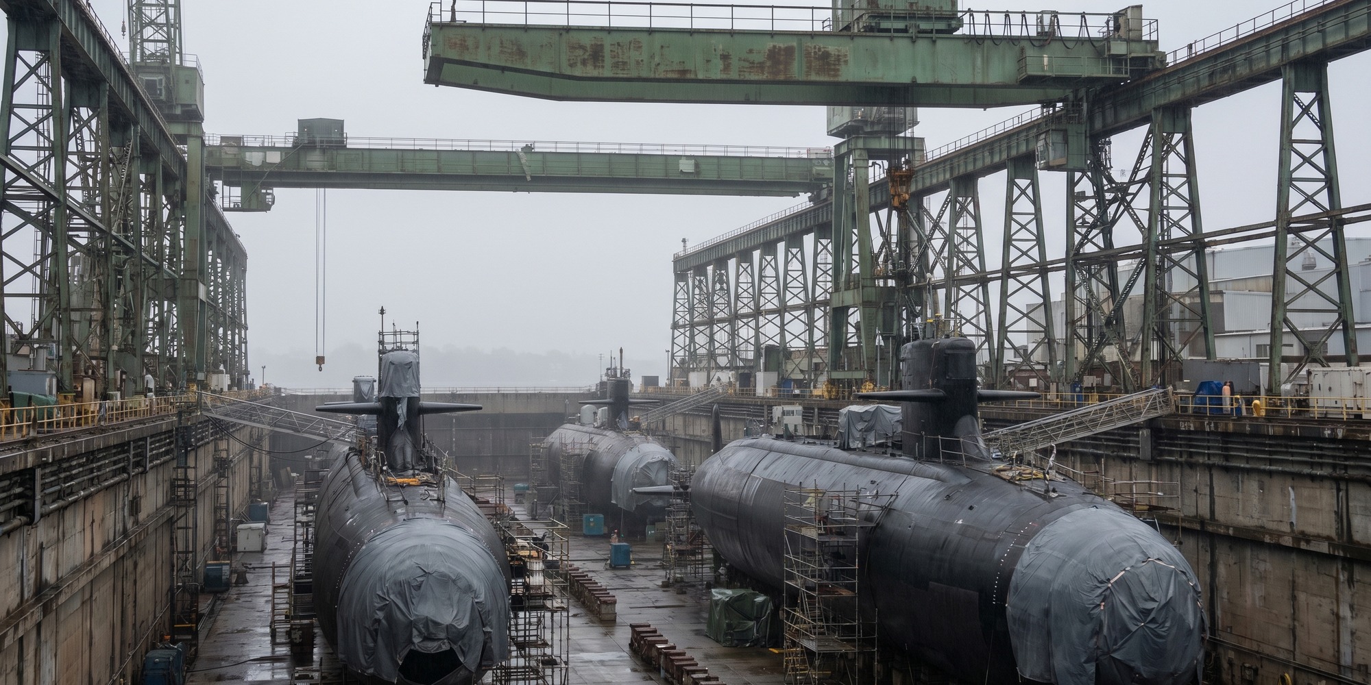 U.S. naval shipyard dry dock with submarine hull sections, cranes, and industrial infrastructure