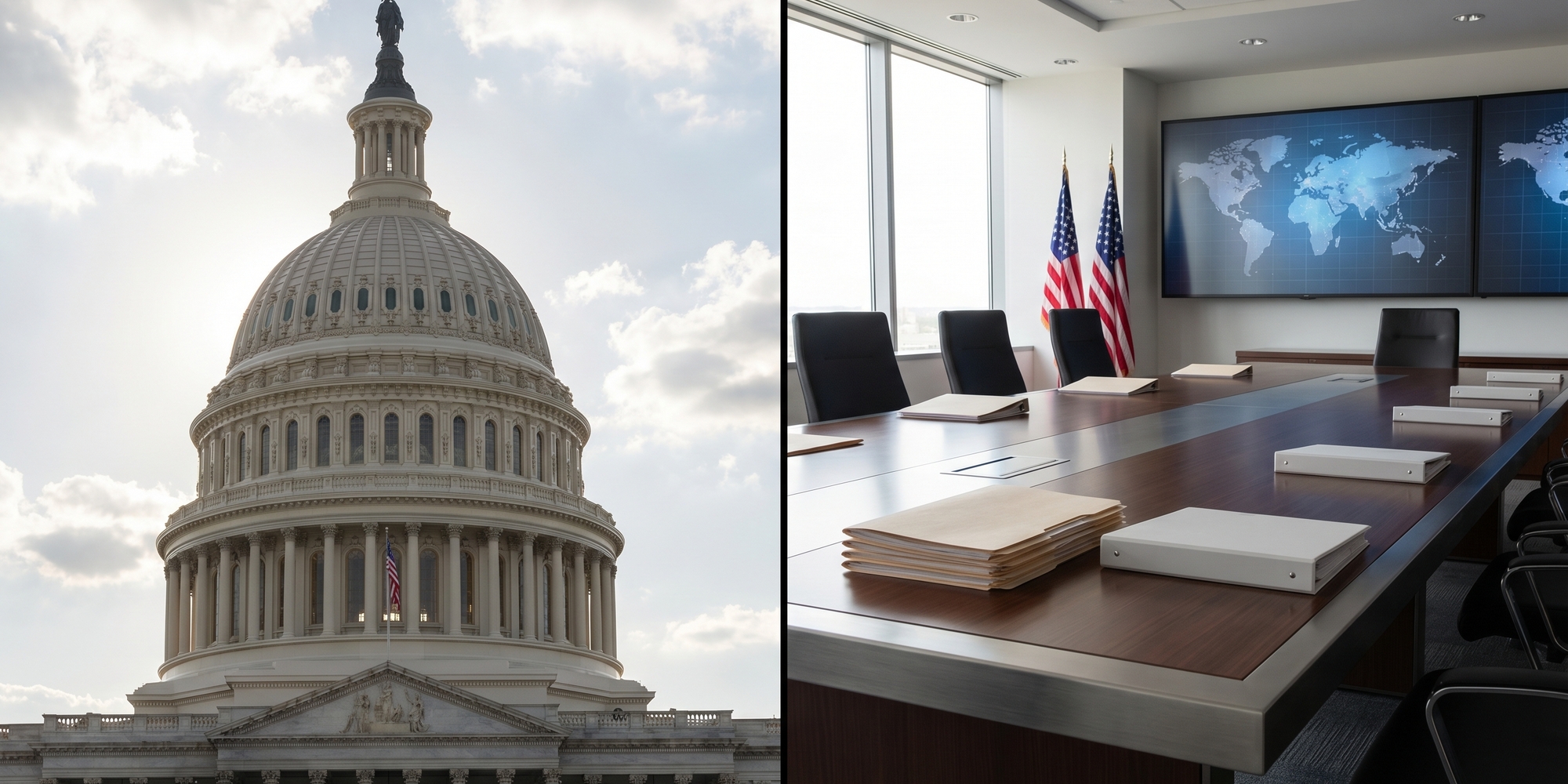 U.S. Capitol and State Department style briefing desks with budget binders and world map overlays