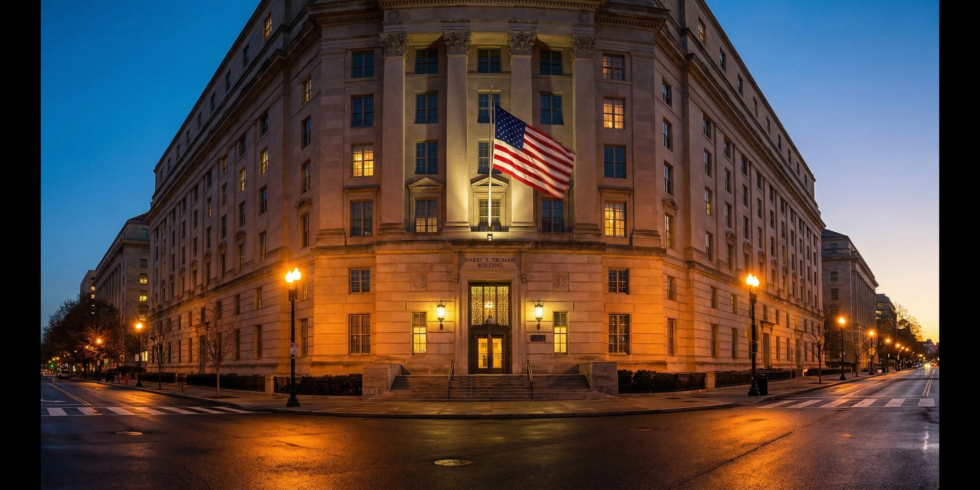 U.S. Department of State building at Foggy Bottom in Washington D.C. at golden hour dusk, American flag flying above neoclassical facade, no people visible