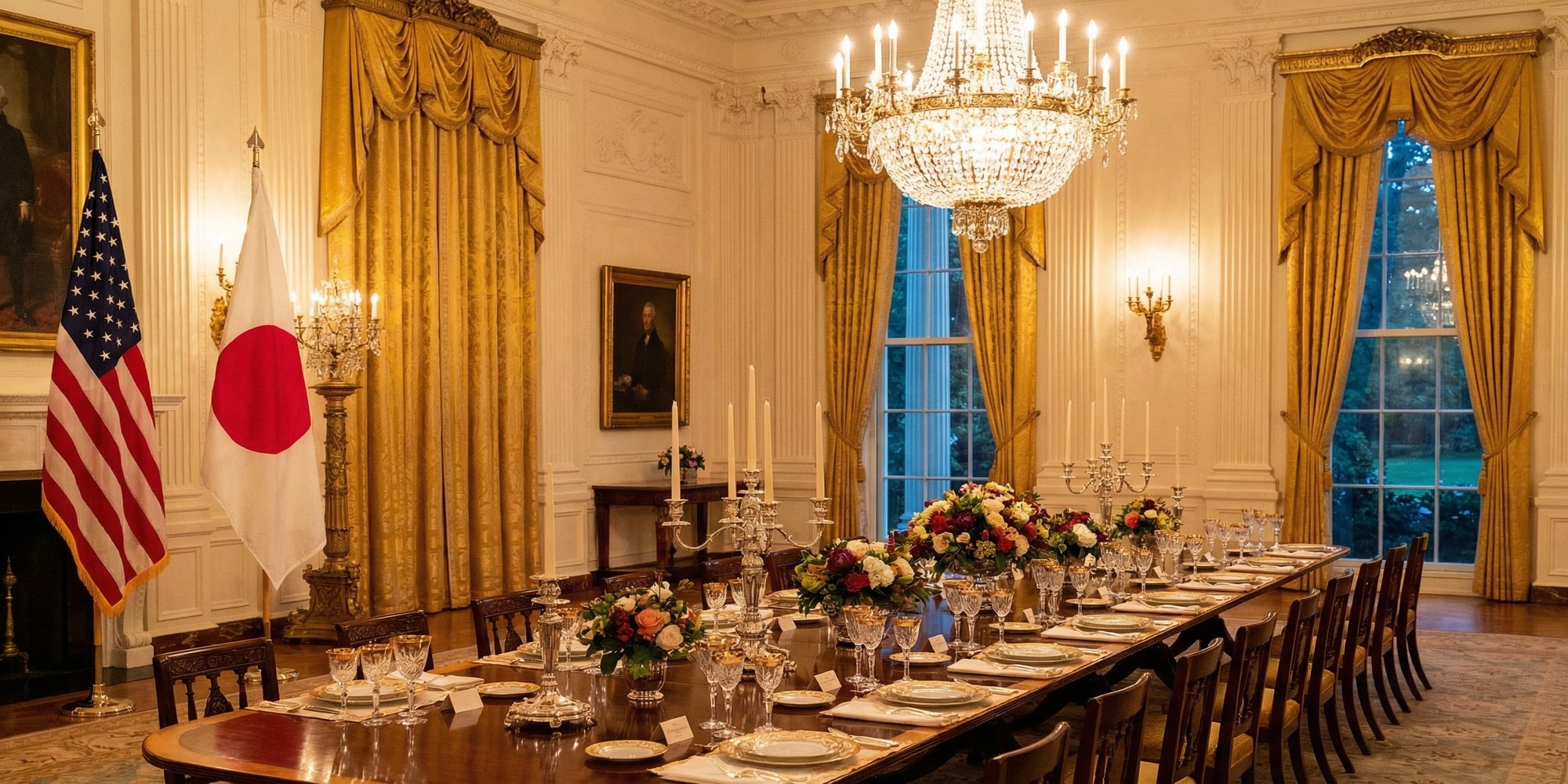 White House state dining room with American and Japanese flags displayed at a formal diplomatic banquet table