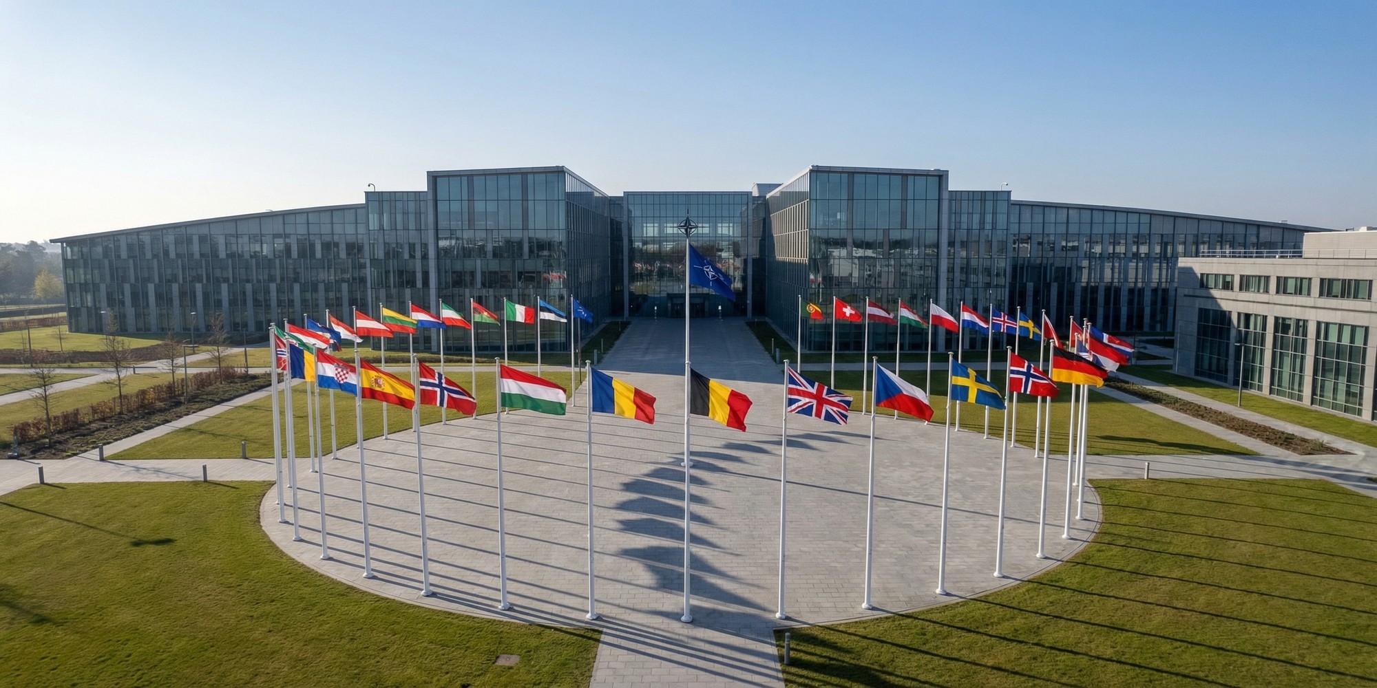 NATO headquarters flagpoles with allied nation flags flying in formation, representing the alliance's collective defense commitments