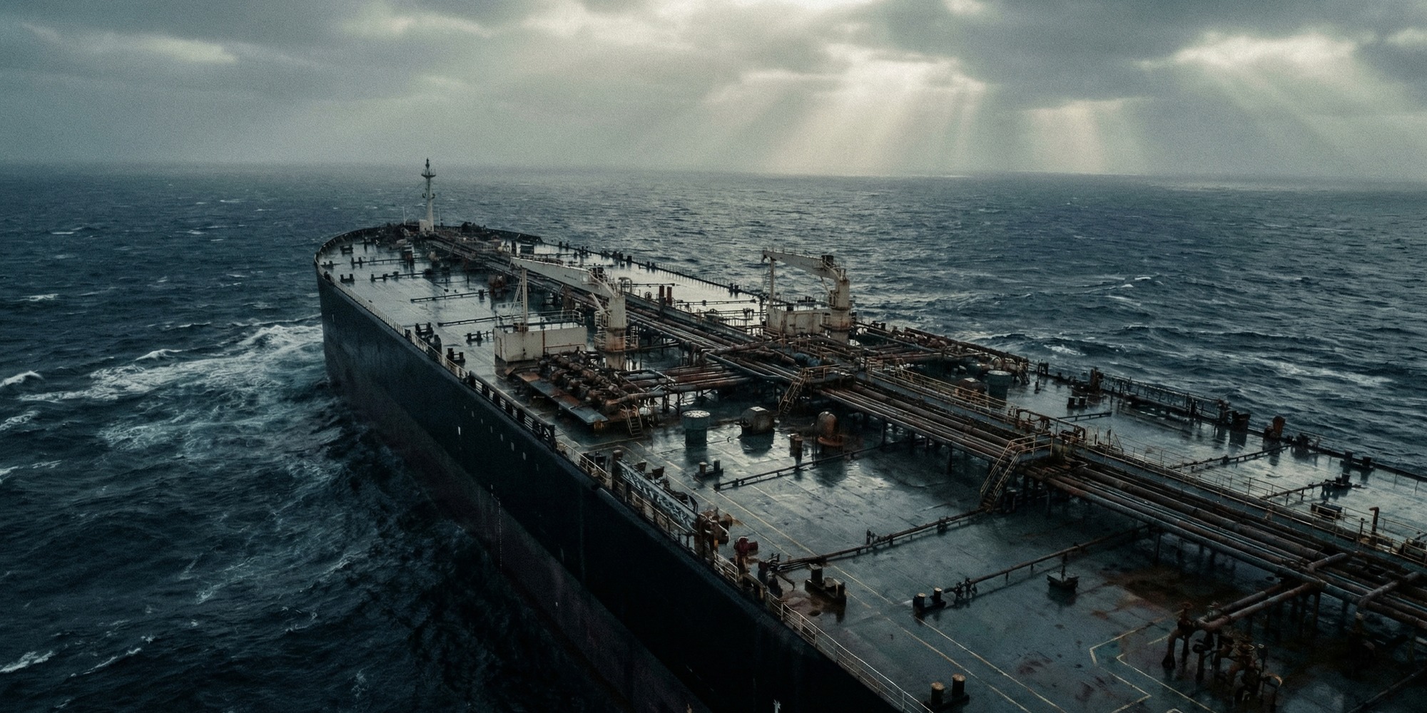 Aerial view of a large crude oil supertanker underway in open grey waters, industrial maritime infrastructure, no crew visible, documentary photography style