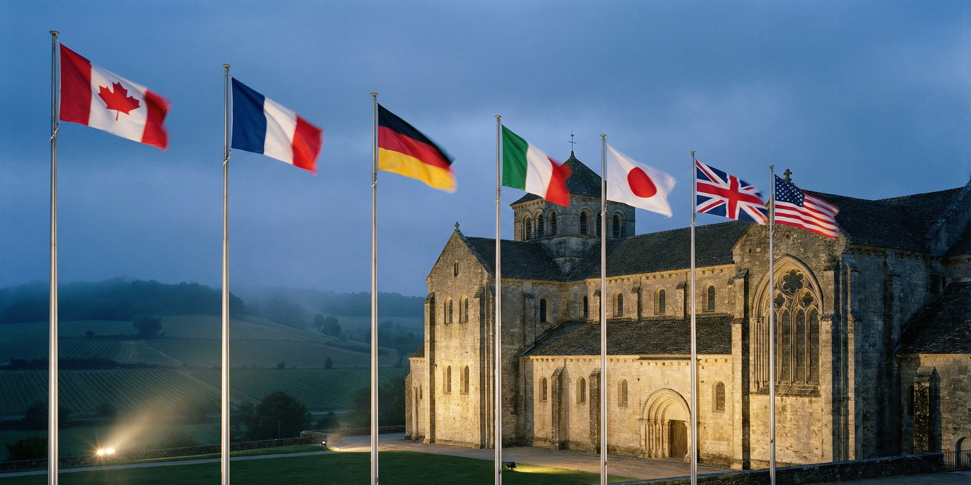 Historic stone abbey exterior at twilight with national flags on flagpoles, diplomatic setting for G7 foreign ministers meeting in Vaux-de-Cernay, France