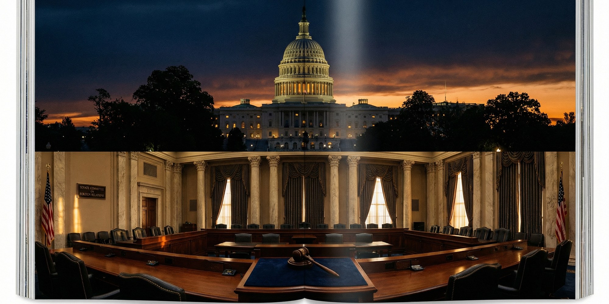 United States Capitol building at twilight with empty Senate committee hearing room, gavel on velvet pad, ornate neoclassical architecture