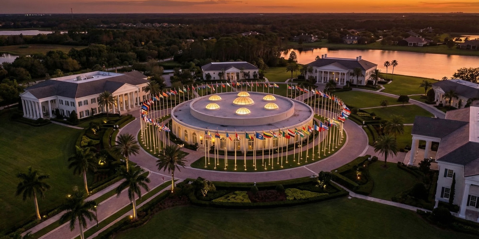 Aerial view of a diplomatic summit venue with flags of multiple nations arranged around a neoclassical conference hall, palm trees, dusk sky