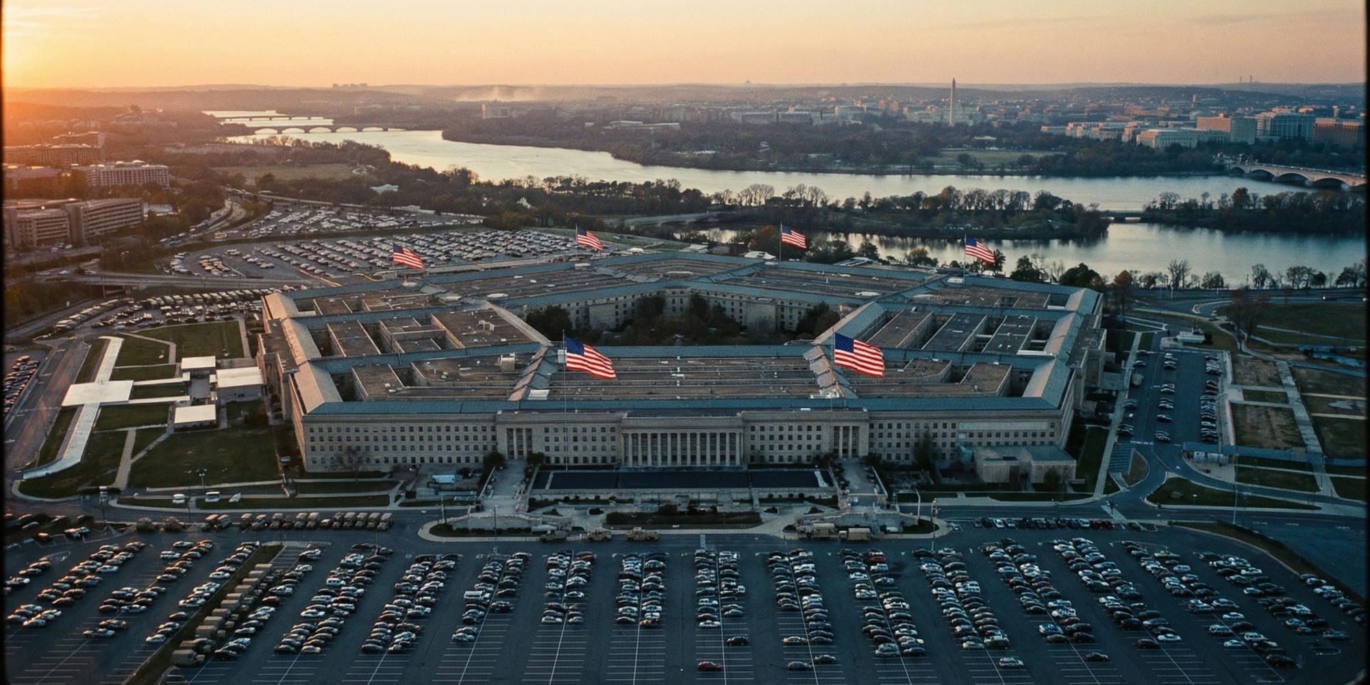 Aerial view of the Pentagon building complex at golden hour, the institutional center of U.S. defense policy and military targeting decisions