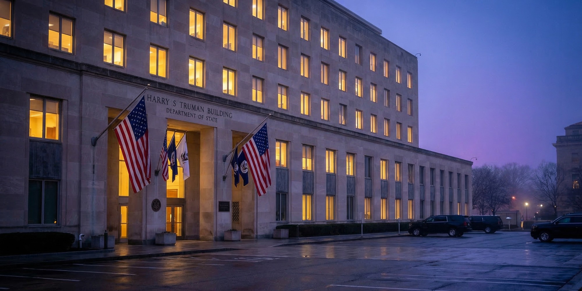 U.S. Department of State building exterior at dusk in Washington DC, institutional limestone architecture with diplomatic flags and amber-lit windows