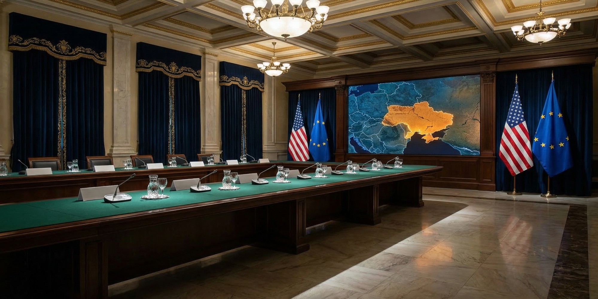 Empty formal diplomatic conference table with American and European flags and a display showing a map of Eastern Europe