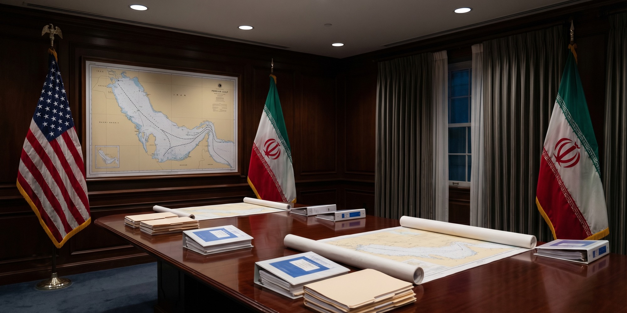 U.S. and Iranian flags reflected across a polished conference table with sanctions dossiers and maritime shipping maps