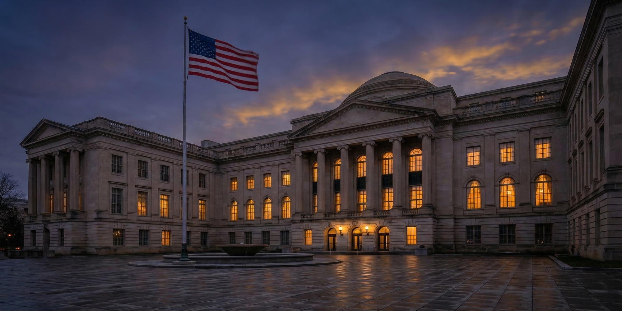 U.S. Department of State building at twilight, American flag illuminated against a deep blue evening sky, diplomatic architecture