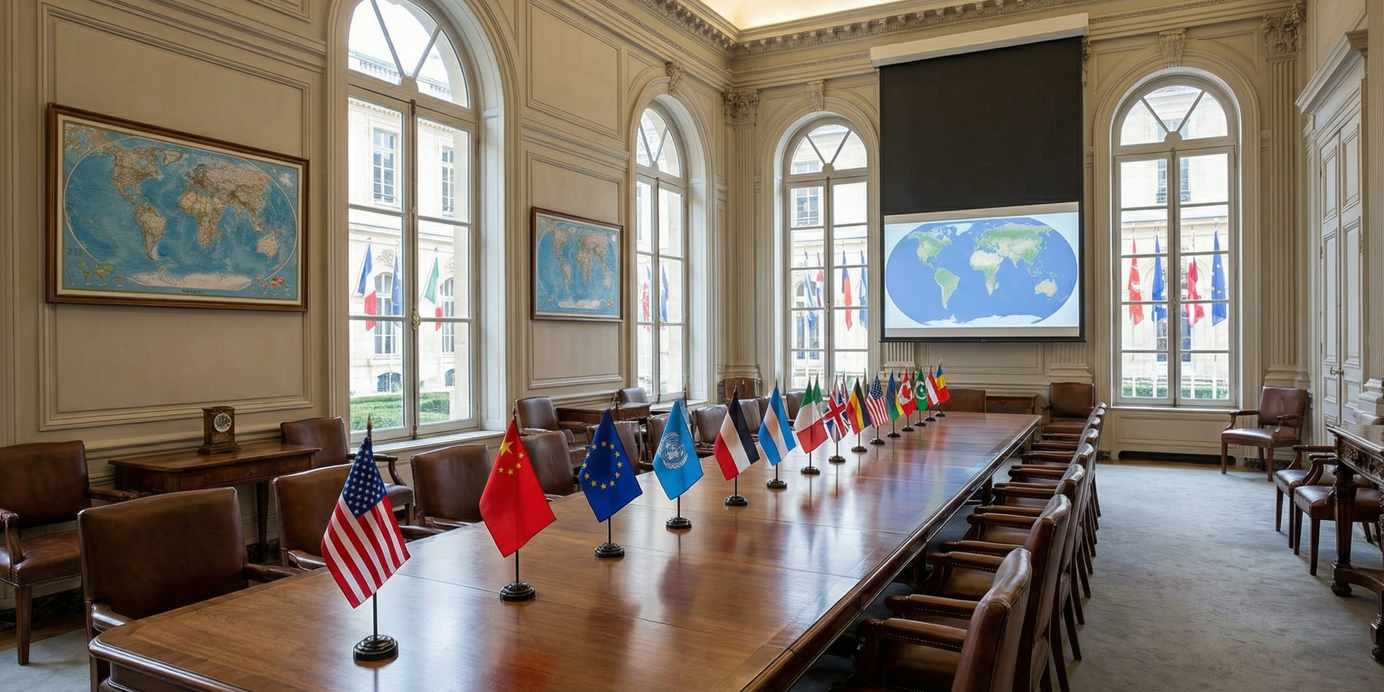 Diplomatic conference table with U.S., Japan, and Philippines flags and maritime strategy map in a modern policy briefing room