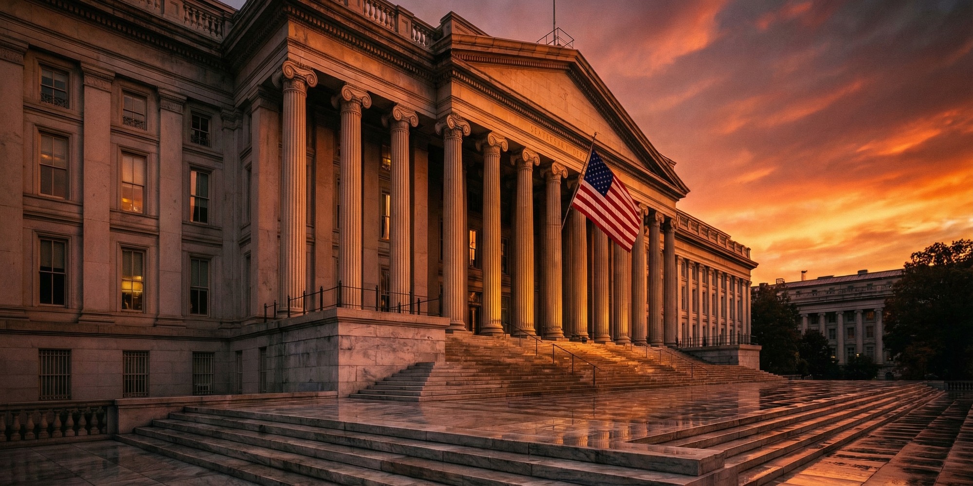 US Treasury Department building exterior at golden hour, neoclassical columns and American flag, Washington DC