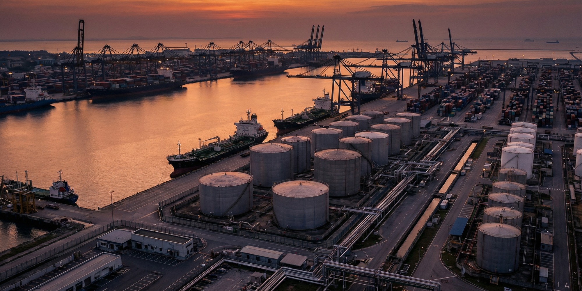 Aerial view of industrial port complex at dusk with oil tankers, cargo cranes, and petroleum storage terminals representing U.S. secondary sanctions on Iranian oil trade