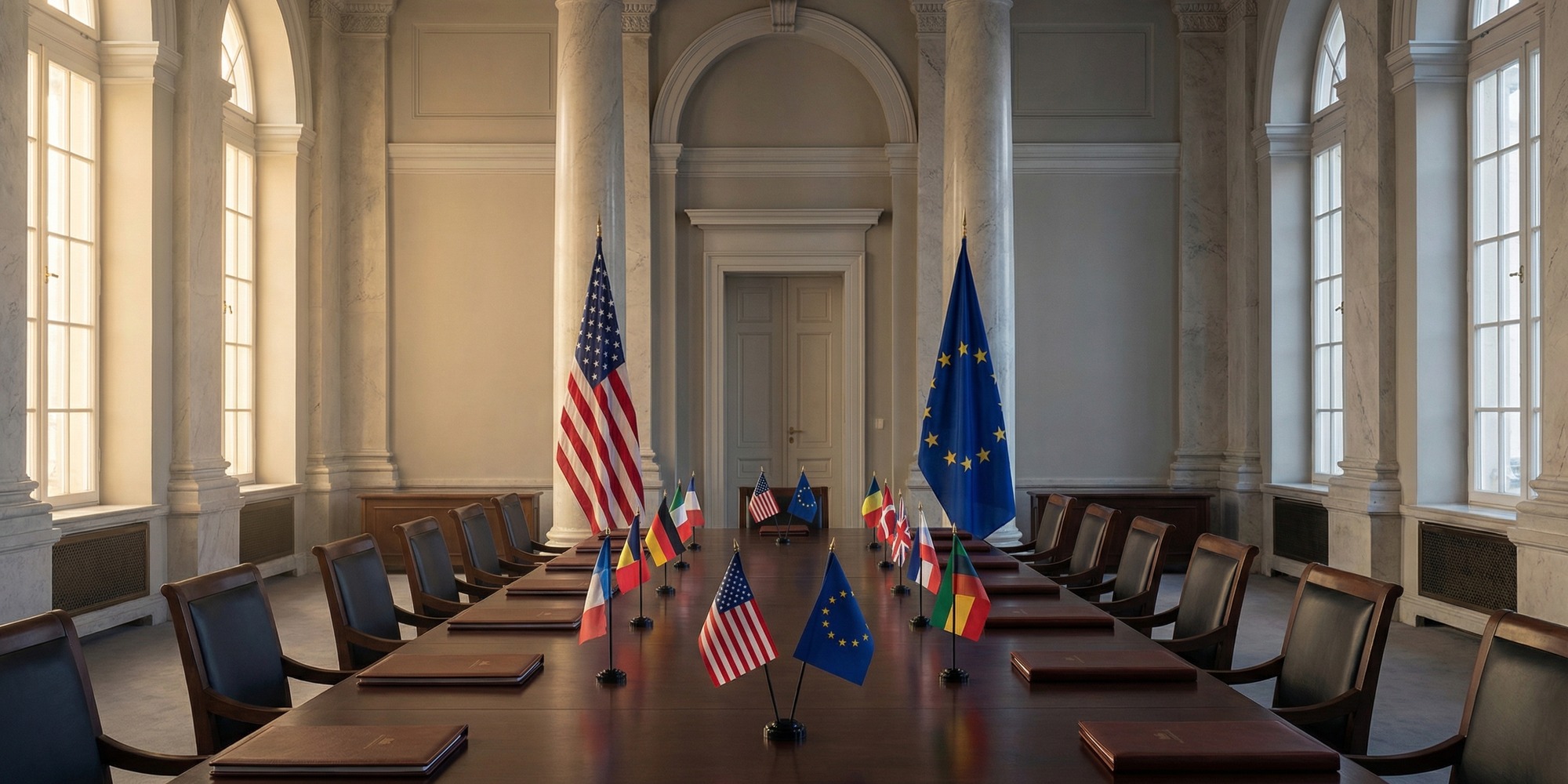Neoclassical government building with European and American flags arranged symmetrically at a formal diplomatic setting