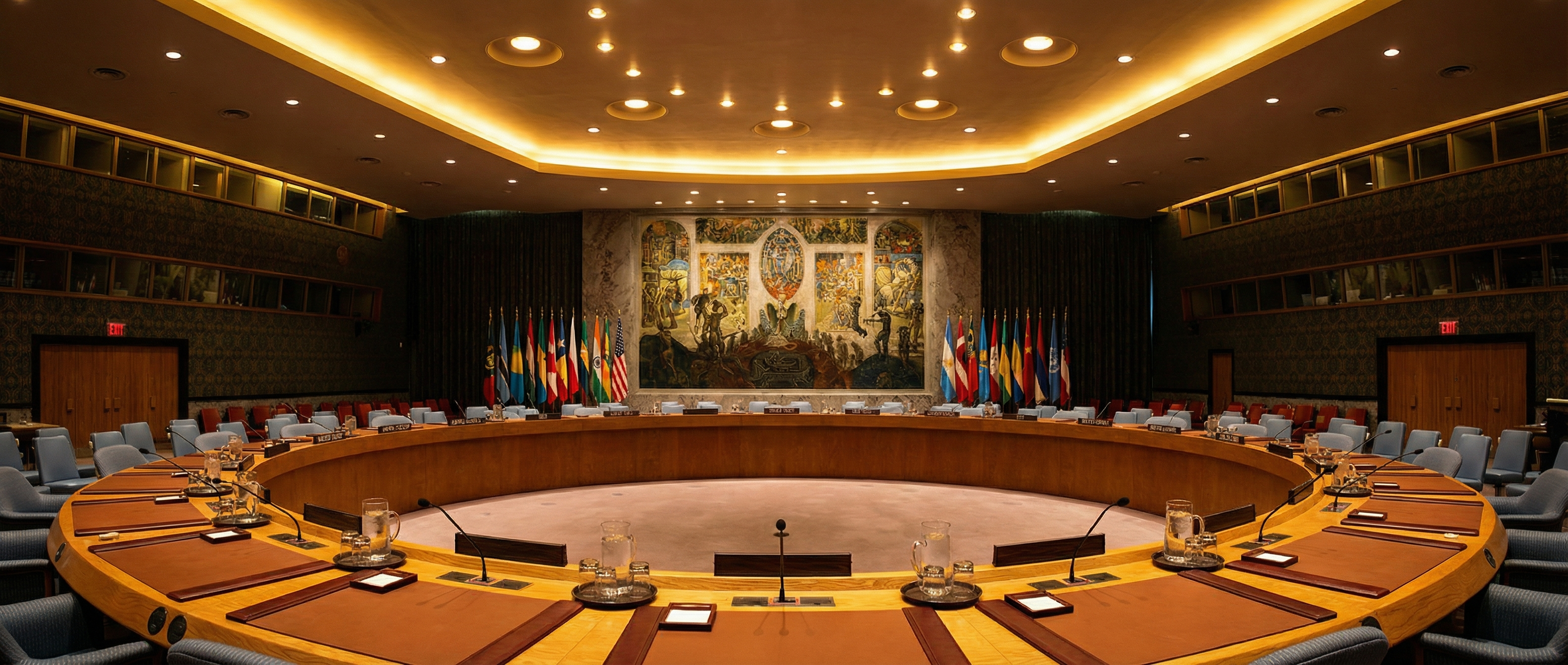 United Nations Security Council chamber with empty curved delegates table, flags of member nations, formal diplomatic setting