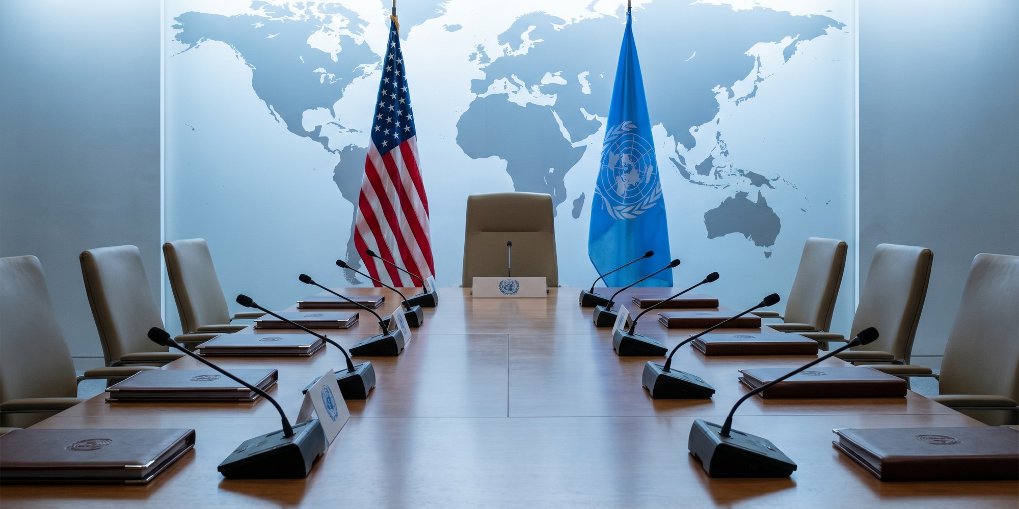 Empty U.N. Security Council chamber table with U.S. and U.N. flags and policy dossiers under cool diplomatic lighting