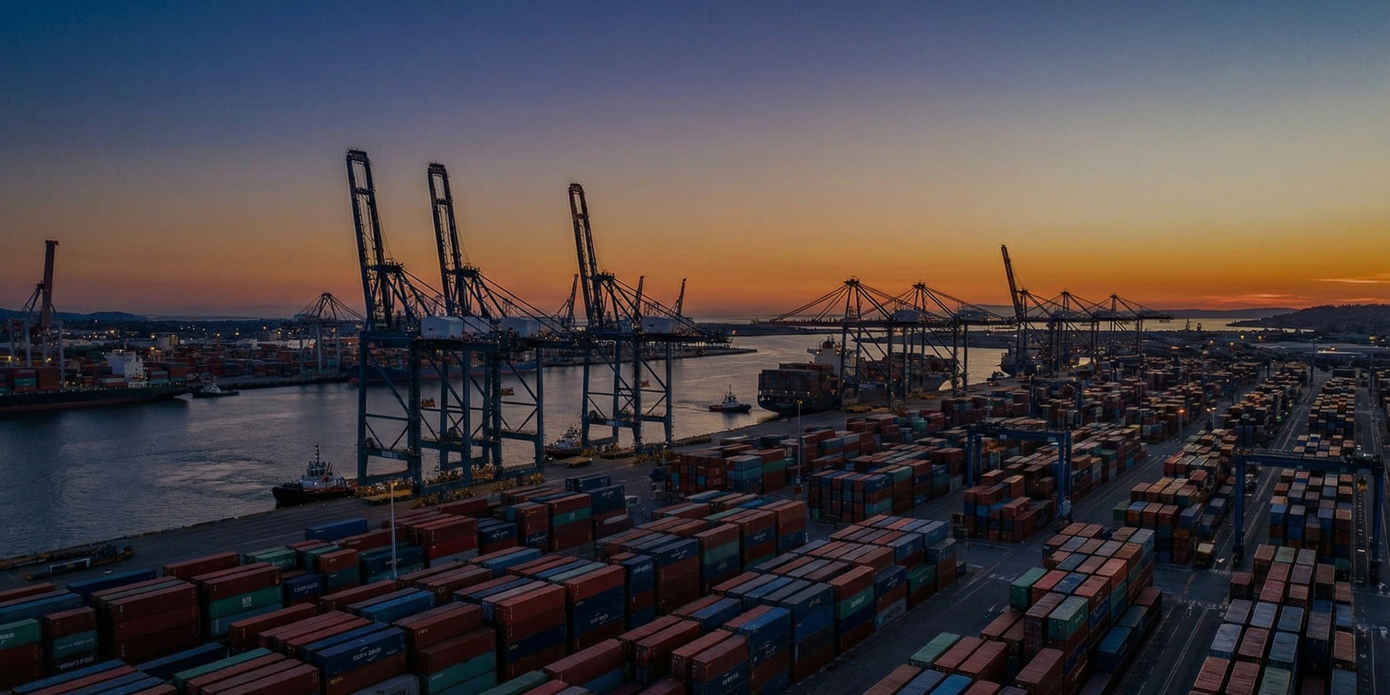 Shipping containers and industrial cranes at a major North American port at dusk, wide angle view